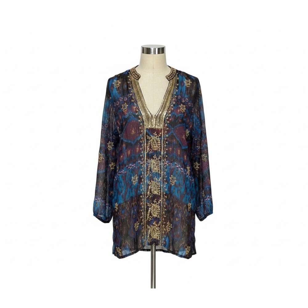 Z.B.D. Design Silk‎ Lurex Tunic Top Beaded Boho Sheer Blue Purple Gold Size 12